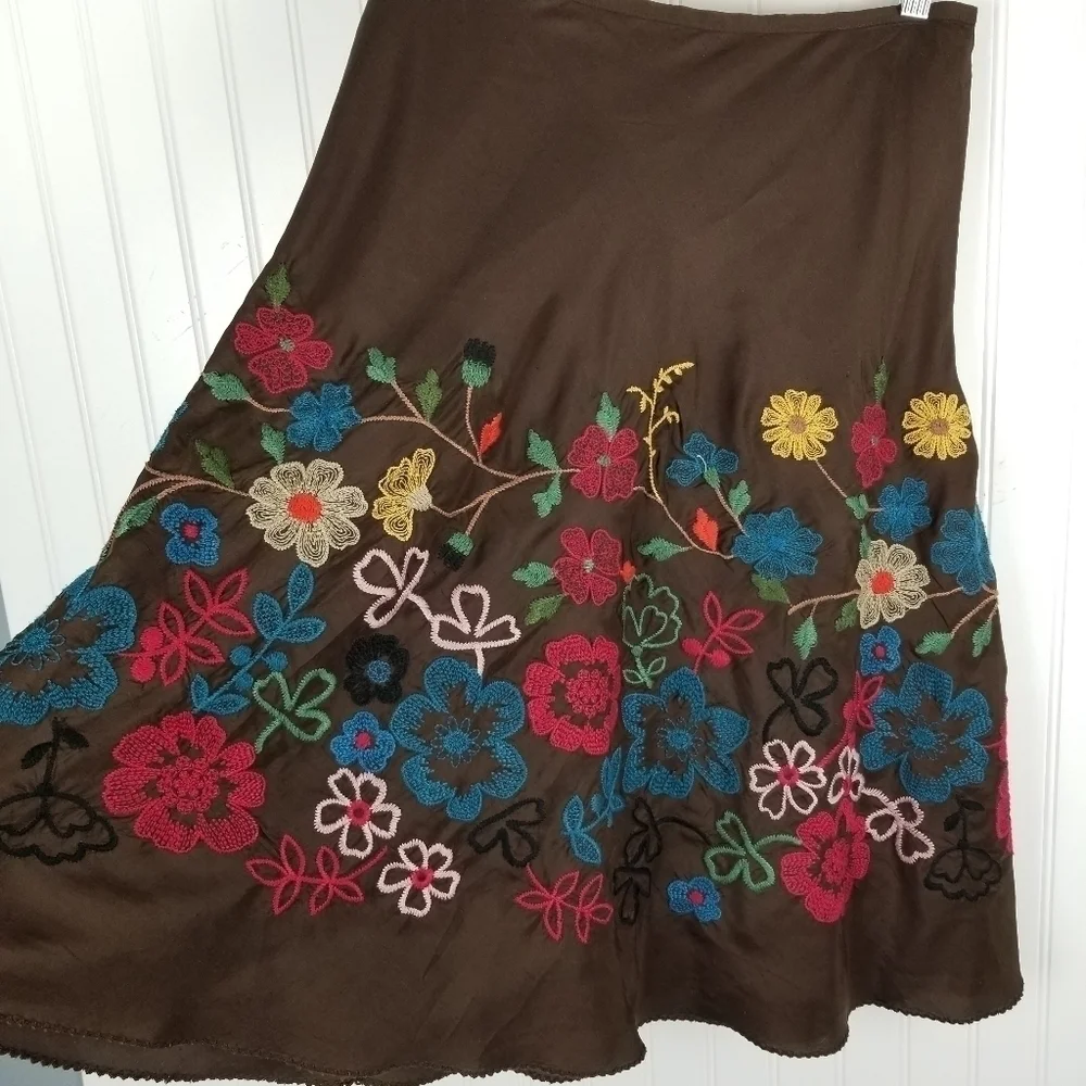 Johnny Was Silk Midi Skirt Floral Embroidery Size 8 Brown Multi Color A line